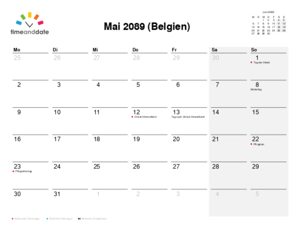 Kalender für 2089 in Belgien