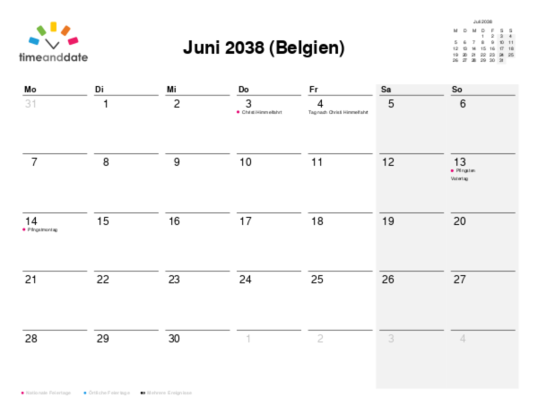 Kalender für 2038 in Belgien