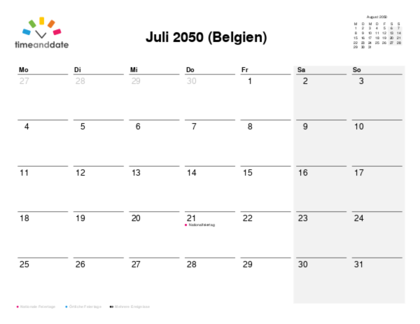 Kalender für 2050 in Belgien