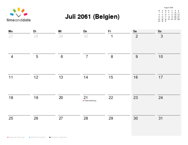 Kalender für 2061 in Belgien