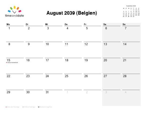 Kalender für 2039 in Belgien