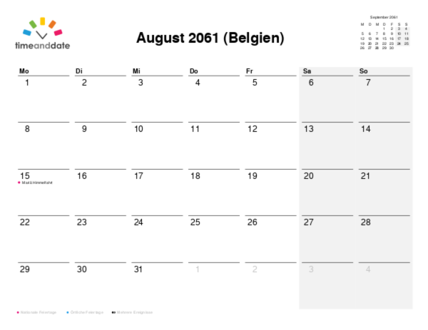 Kalender für 2061 in Belgien