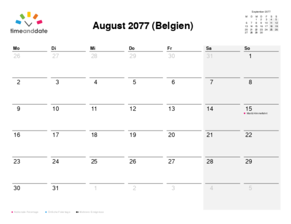 Kalender für 2077 in Belgien