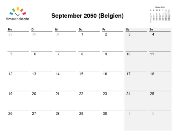 Kalender für 2050 in Belgien