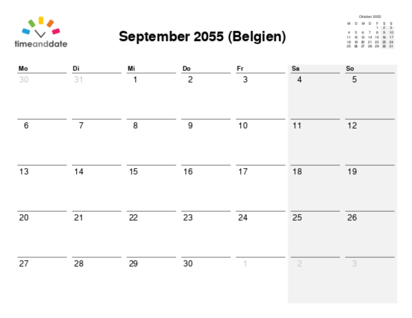 Kalender für 2055 in Belgien