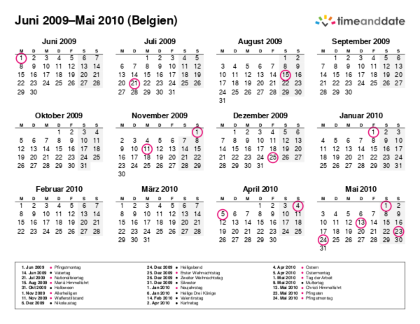 Kalender für 2009 in Belgien