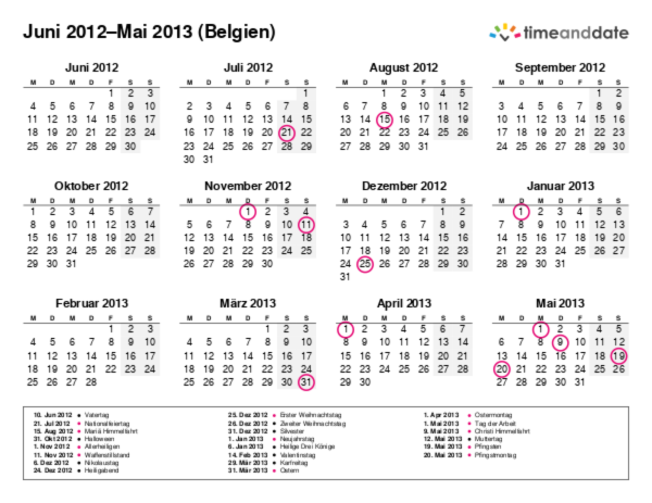 Kalender für 2012 in Belgien