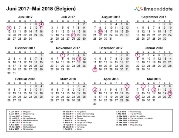 Kalender für 2017 in Belgien