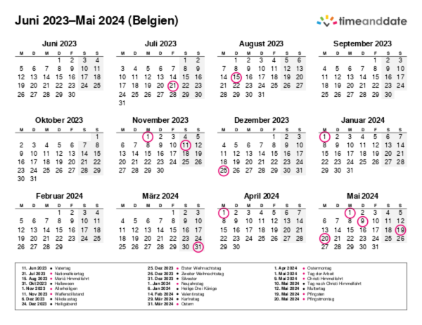 Kalender für 2023 in Belgien