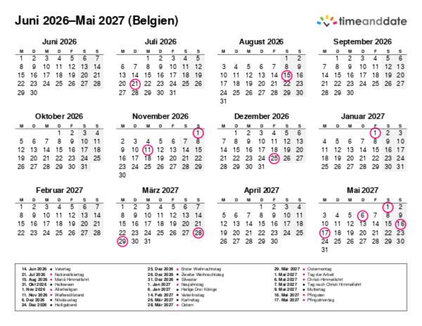 Kalender für 2026 in Belgien