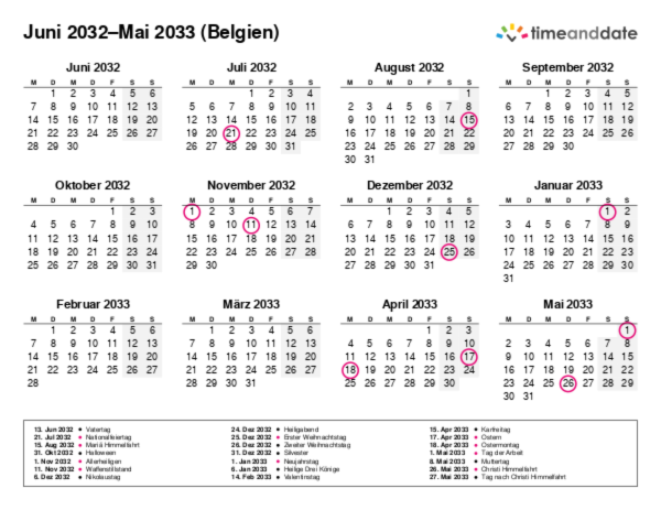 Kalender für 2032 in Belgien