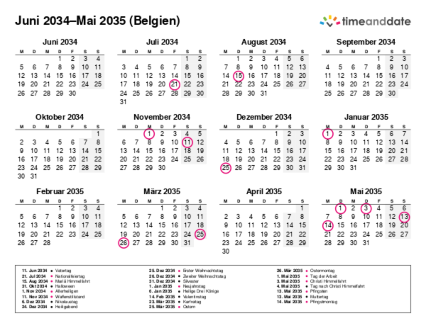 Kalender für 2034 in Belgien