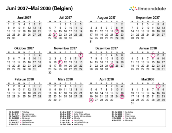 Kalender für 2037 in Belgien