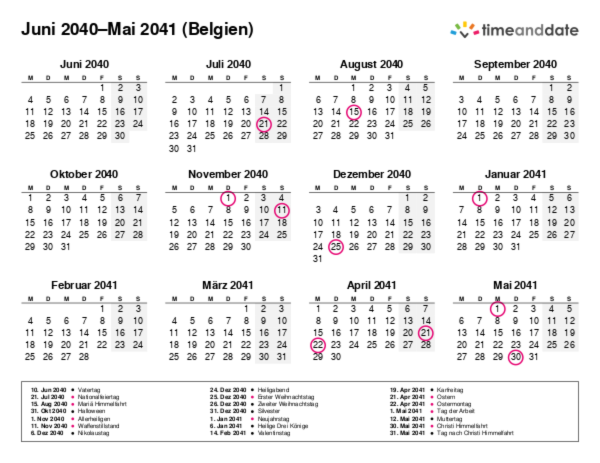 Kalender für 2040 in Belgien