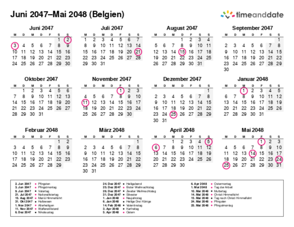 Kalender für 2047 in Belgien
