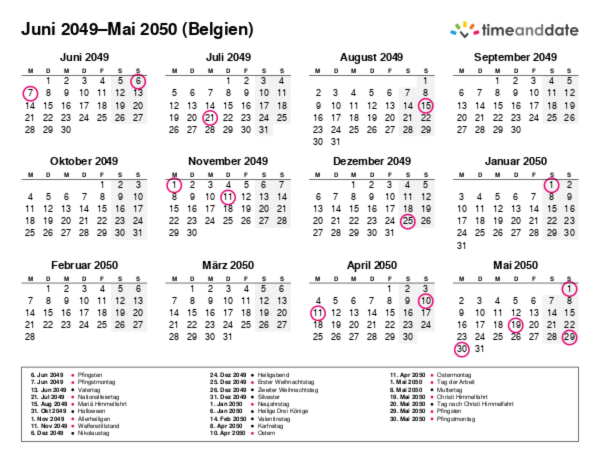 Kalender für 2049 in Belgien