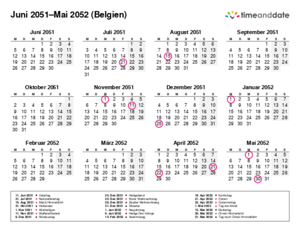 Kalender für 2051 in Belgien