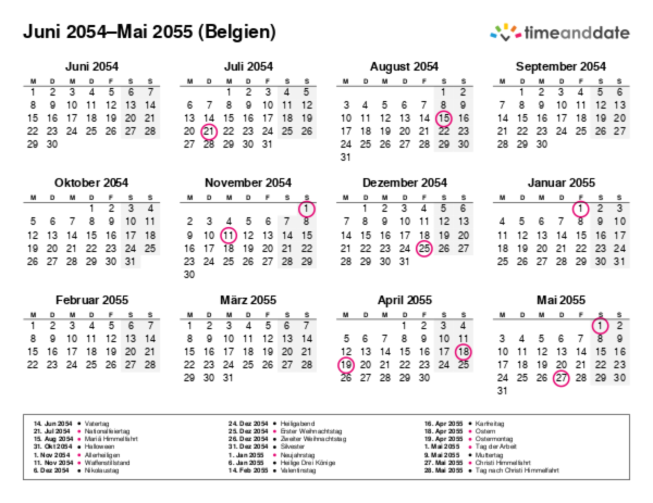 Kalender für 2054 in Belgien