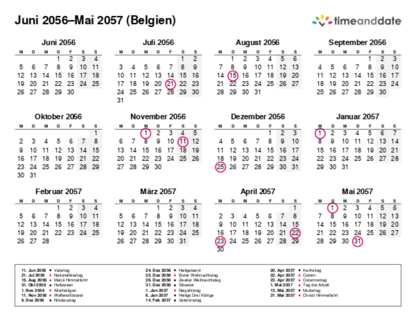 Kalender für 2056 in Belgien