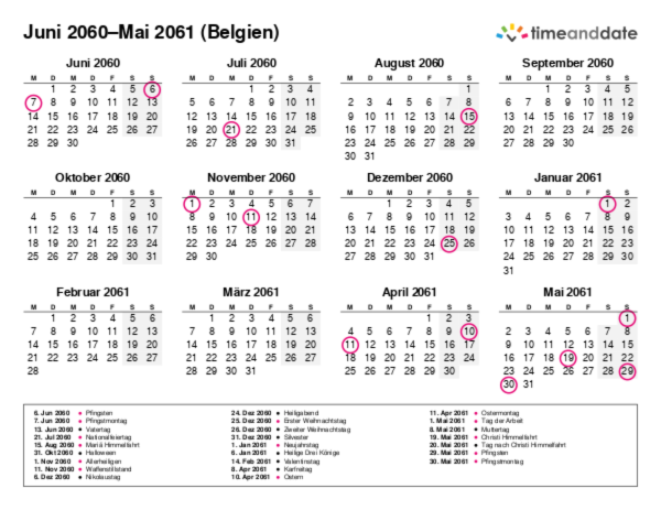 Kalender für 2060 in Belgien