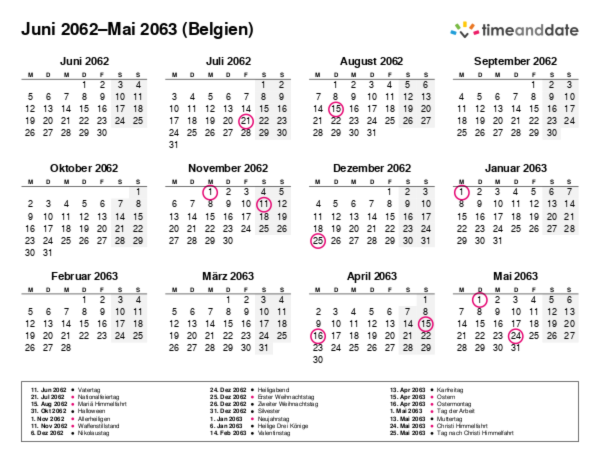 Kalender für 2062 in Belgien
