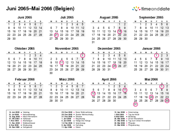Kalender für 2065 in Belgien