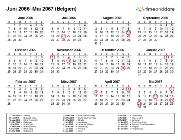 Kalender für 2066 in Belgien