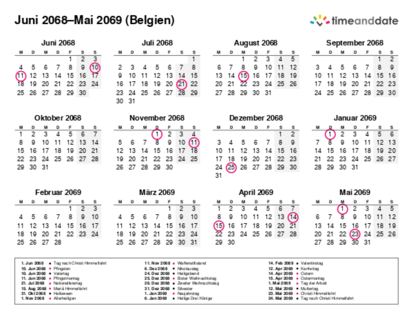 Kalender für 2068 in Belgien