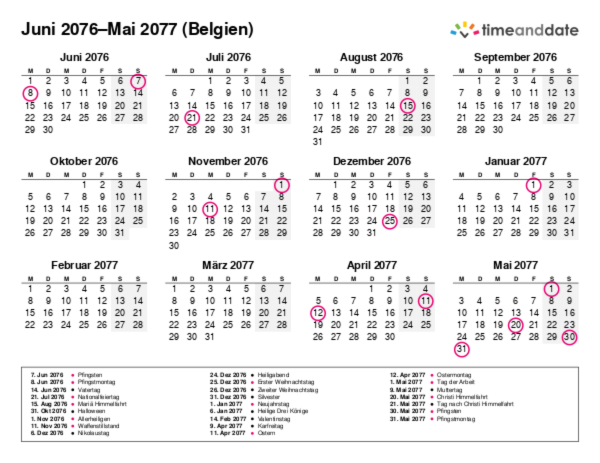 Kalender für 2076 in Belgien