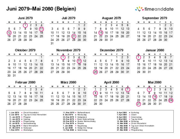 Kalender für 2079 in Belgien