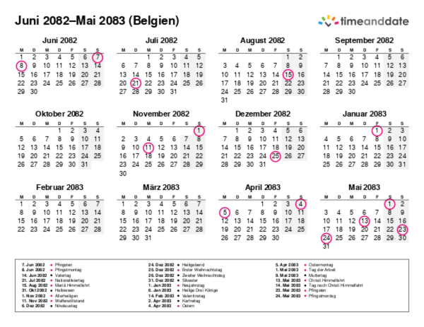 Kalender für 2082 in Belgien