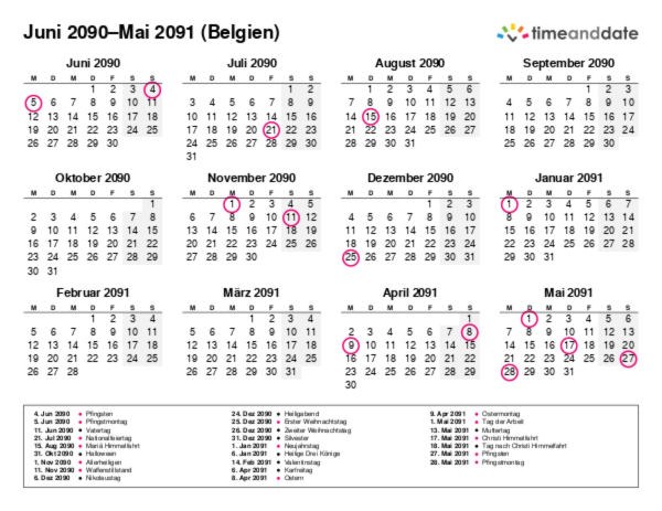 Kalender für 2090 in Belgien