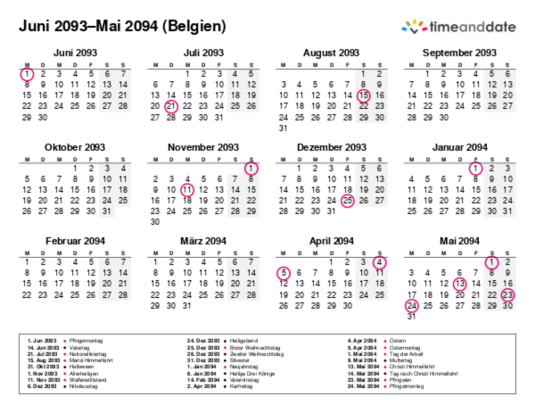 Kalender für 2093 in Belgien