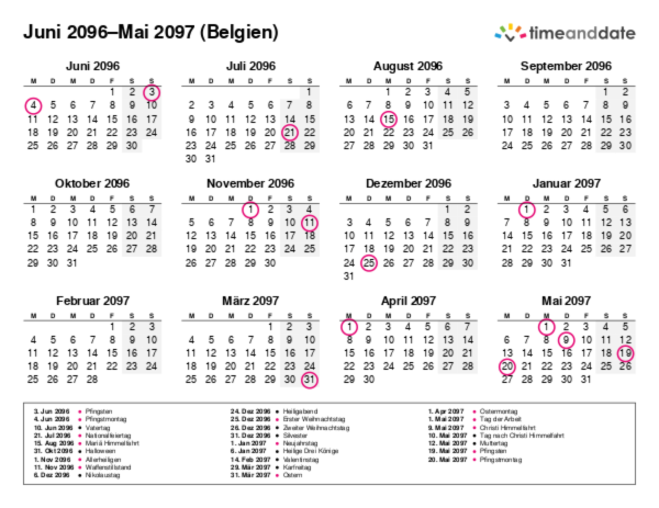 Kalender für 2096 in Belgien