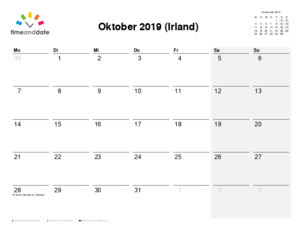 Kalender für 2019 in Irland