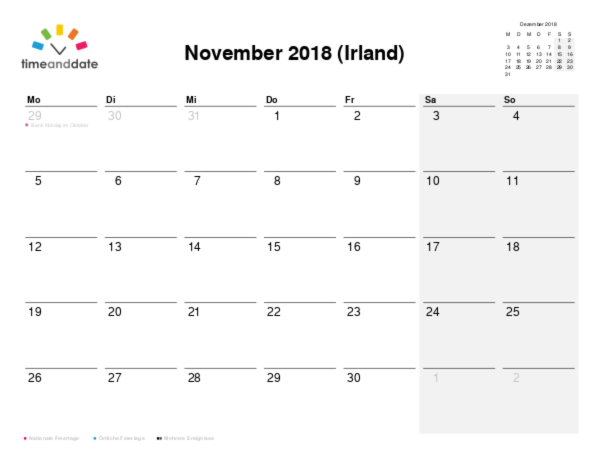 Kalender für 2018 in Irland