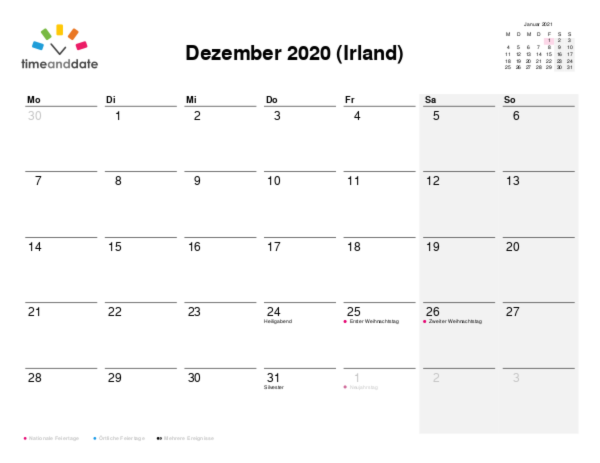 Kalender für 2020 in Irland