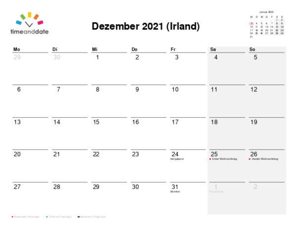 Kalender für 2021 in Irland