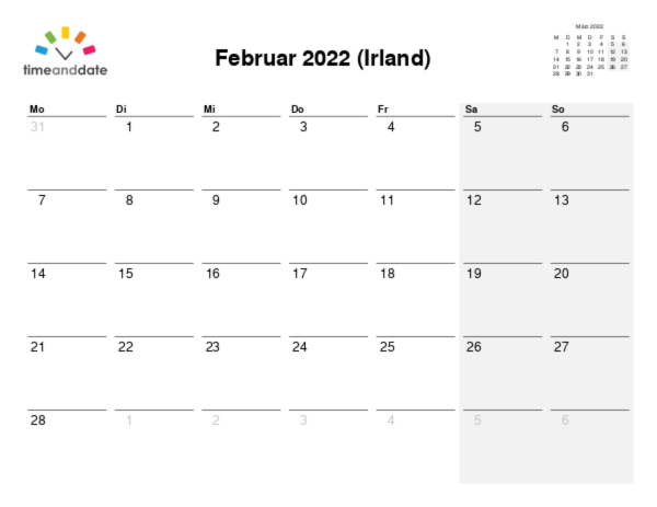 Kalender für 2022 in Irland