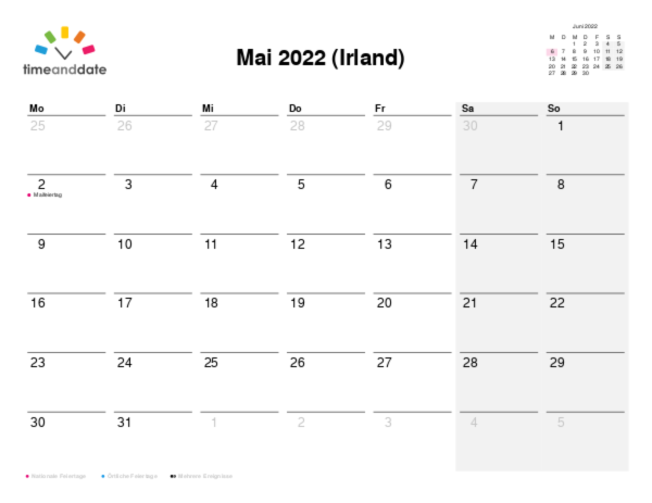 Kalender für 2022 in Irland