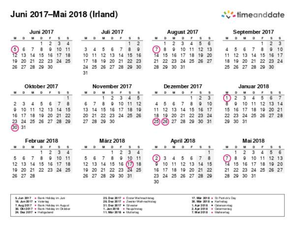Kalender für 2017 in Irland