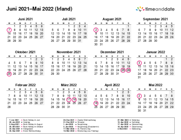 Kalender für 2021 in Irland