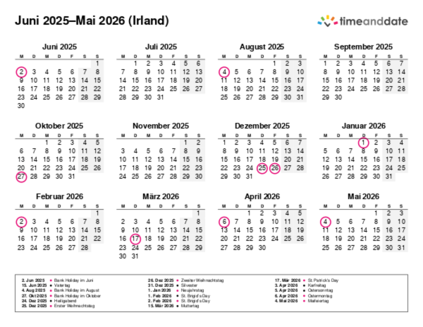 Kalender für 2025 in Irland