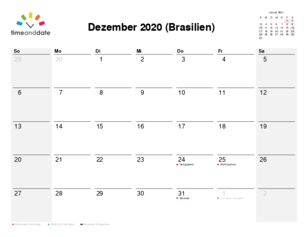 Kalender für 2020 in Brasilien