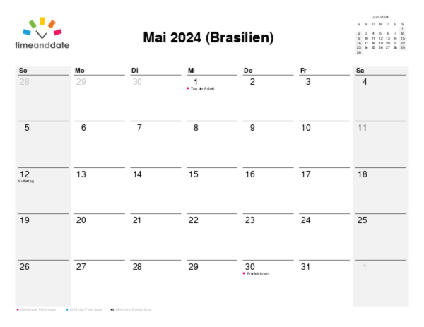 Kalender für 2024 in Brasilien