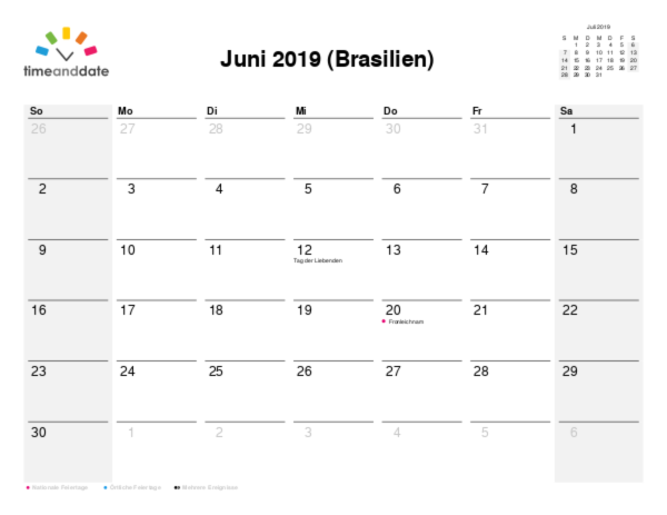 Kalender für 2019 in Brasilien