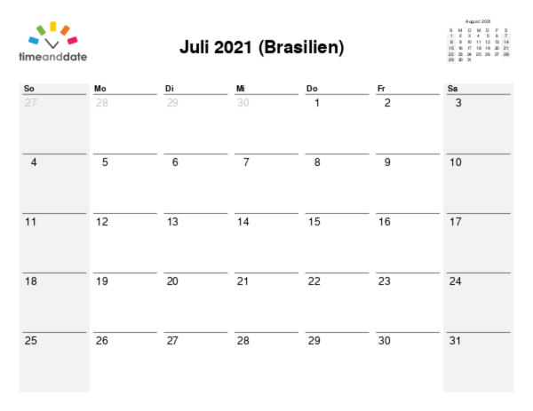 Kalender für 2021 in Brasilien