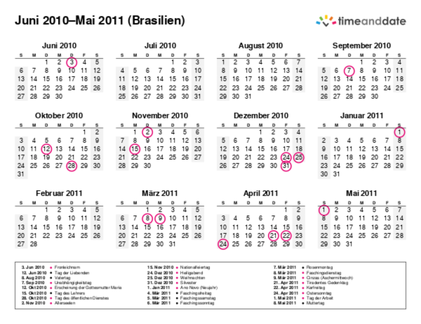 Kalender für 2010 in Brasilien