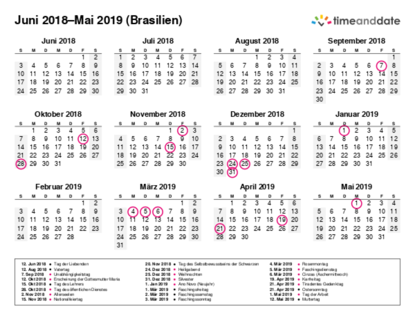 Kalender für 2018 in Brasilien