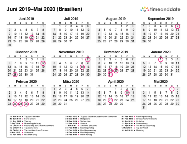 Kalender für 2019 in Brasilien